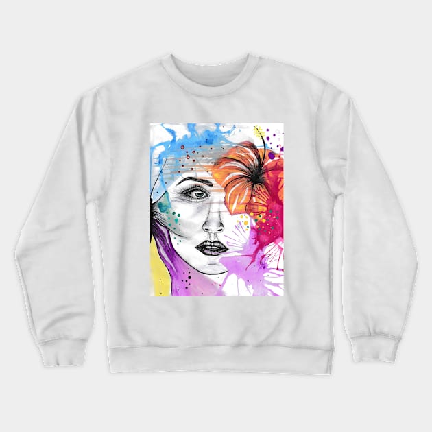 Girl with a flower and colors - watercolor art Crewneck Sweatshirt by Watercoloristic